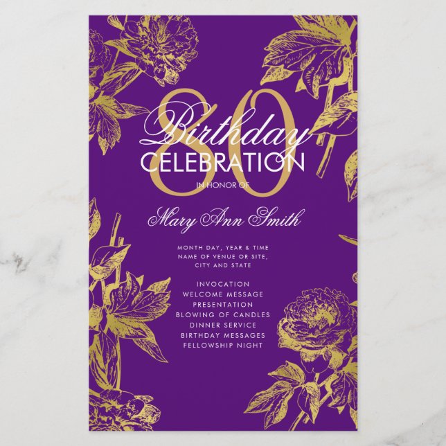 Glam Floral 80th Birthday Program Gold Purple Menu (Frente)