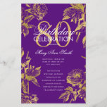 Glam Floral 80th Birthday Program Gold Purple Menu<br><div class="desc">Elegante diseño "Programa de fiesta de cumpleaños" con Arreglo floral en oro con texto personalizado.</div>