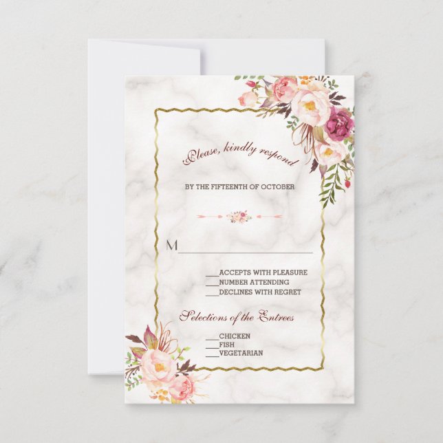 Glam Gold Rubor Pink Floral Marble Wedding RSVP (Anverso)
