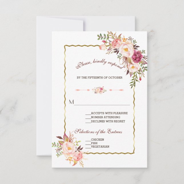 Glam Gold Rubor Pink Floral Wedding RSVP (Anverso)