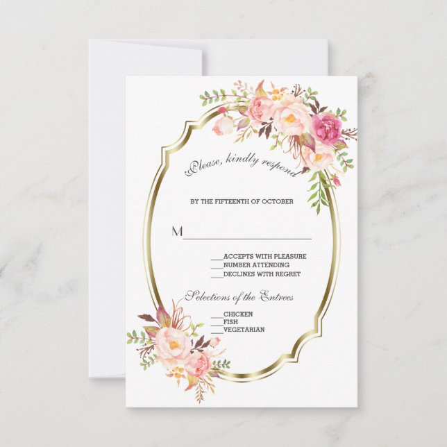 Glam Gold Rubor Pink Floral Wedding RSVP (Anverso)