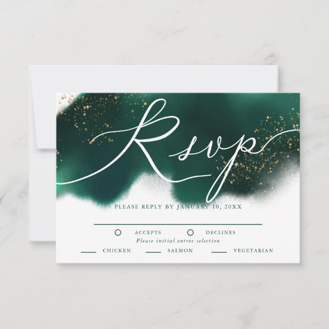 Glam Green Gold Wedding RSVP con elección de comid (Anverso)