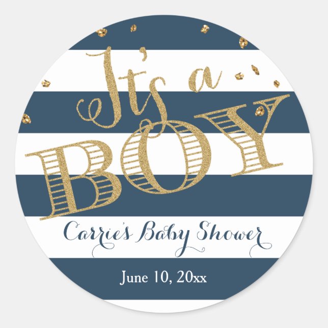 Glam Navy Rugby Stripe Boy Baby Shower Pegatina (Anverso)
