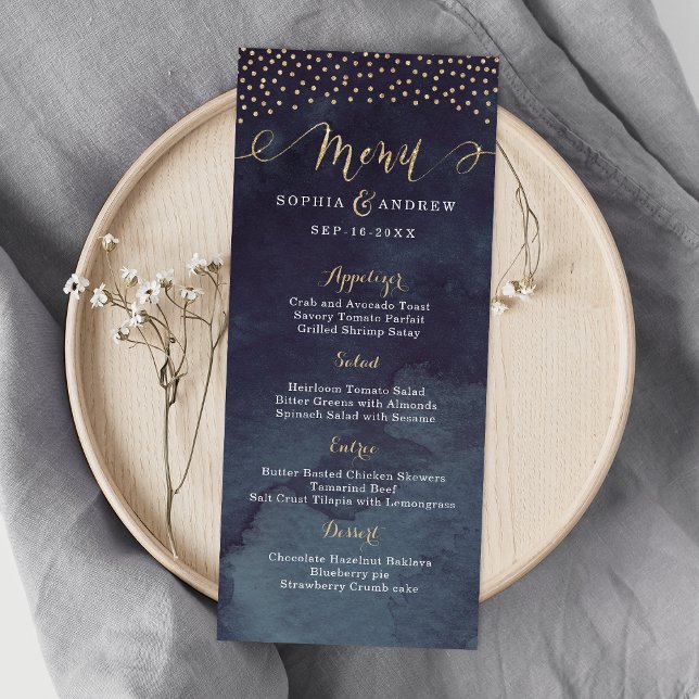 Glam night faux gold calligraphy boda menú (Glam night faux gold calligraphy wedding menu)