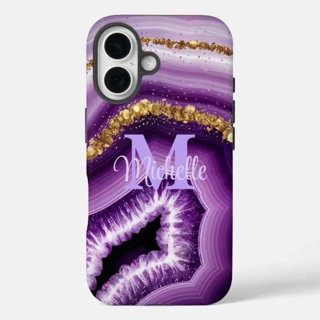 Glam Purple Agate Geode iPhone 16 Funda duro (Reverso )