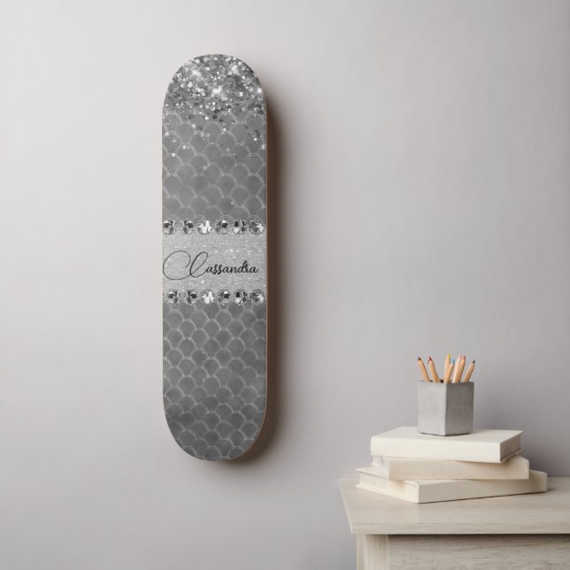 Glam Silver Purpurinoso Diamond Bling Skateboard (Arte de la pared)