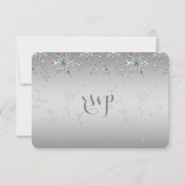 Glam Silver Snowflakes Crystal Pearl Wedding RSVP (Anverso)