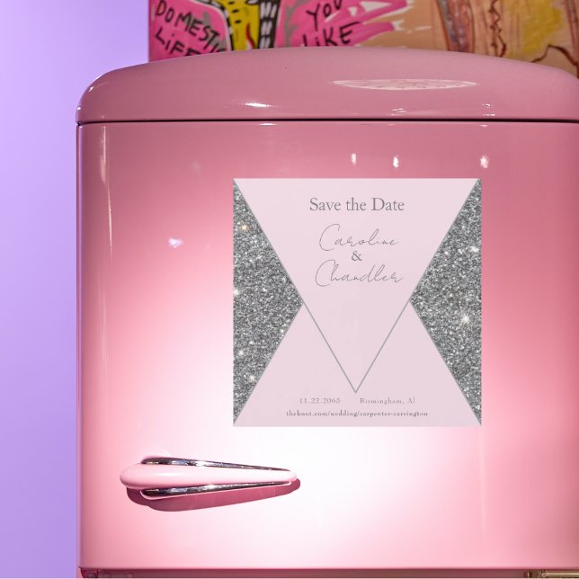 Glam Silver y Pink Wedding Salven la fecha magnéti (Subido por el creador)