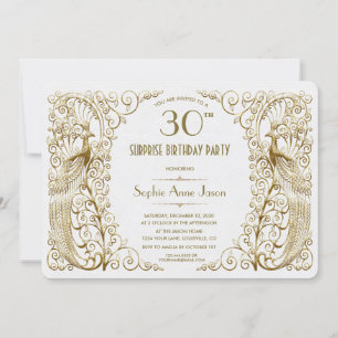Glam White Gold Art Deco Peacocks Invitación de cu