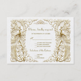 Glam White Gold Art Deco Peacocks Wedding RSVP