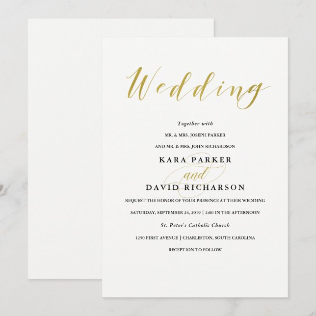 Glamorosa Faux Gold Classic Wedding Invitación (Anverso / Reverso)