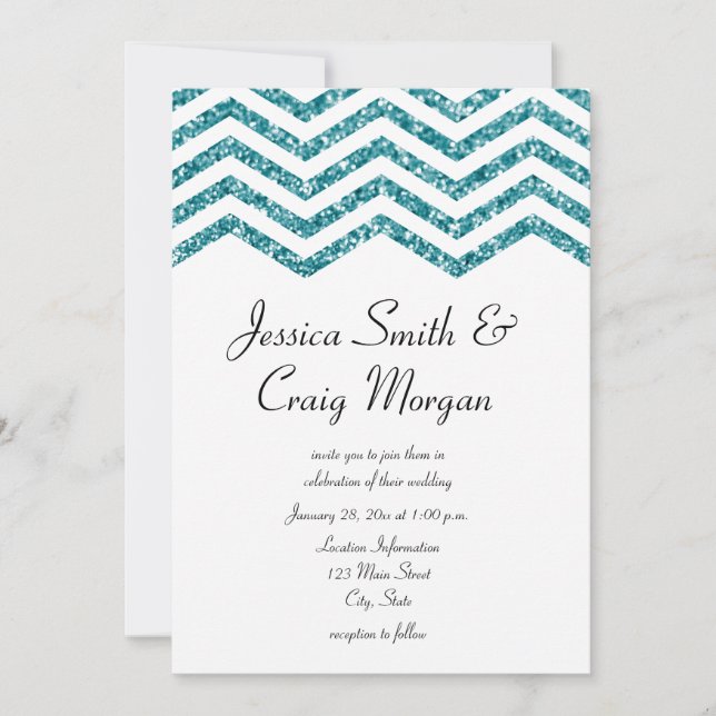 Glamorosa Invitación de Boda Chevron con Brillo Te (Anverso)