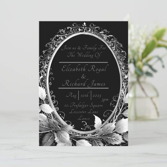 Glamorosas invitaciones a bodas de plata y negro (Anverso de pie)
