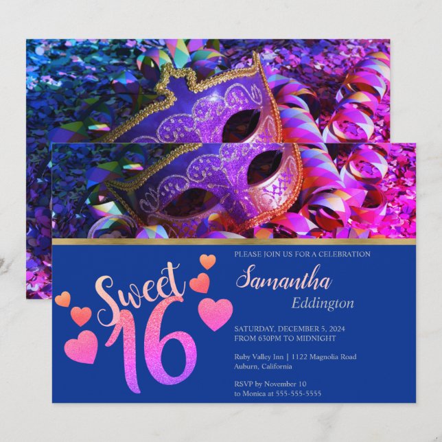 Glamoroso Dulce de Masquerade 16 Invitación (Anverso / Reverso)