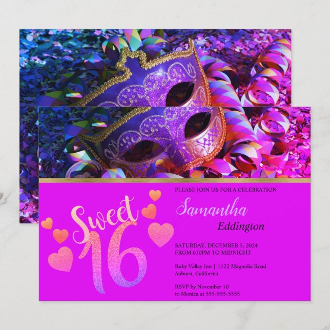 Glamoroso Dulce de Masquerade 16 Invitación (Anverso / Reverso)