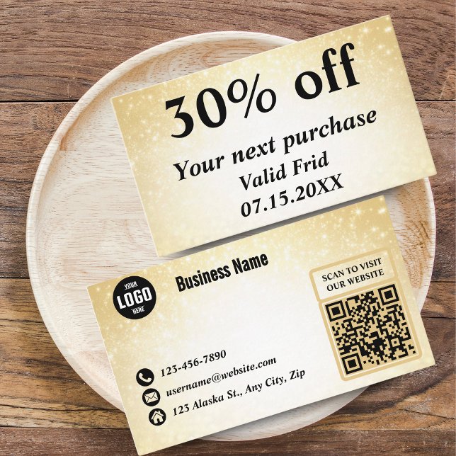 Glamoroso Purpurina Oro Código QR Descuento de Lea (Glamorous Glitter Gold QR Code Loyalty Discount Cards for Beauty Businesses)