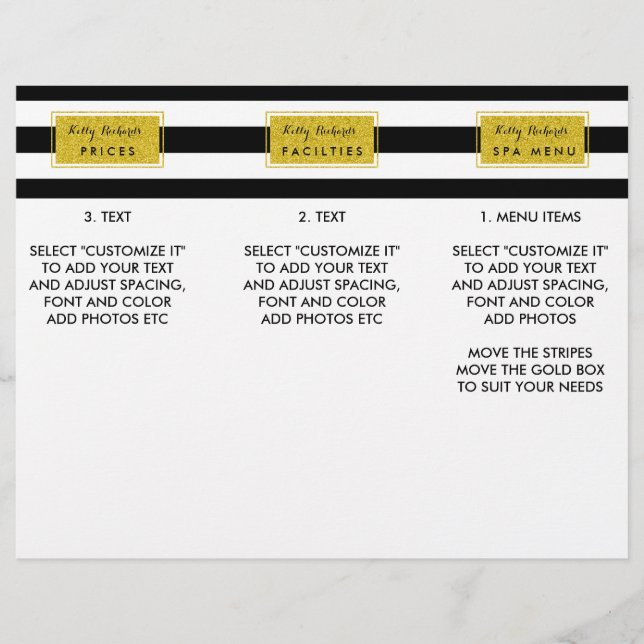 Glamour dorado Bandas negras Menú de salon (Anverso)