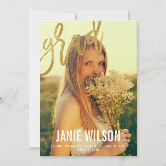 Glamour dorado Invitación de graduación de guión m (Anverso)