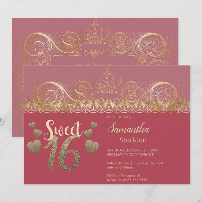 Glamour Gold Sweet 16 Invitación (Anverso / Reverso)