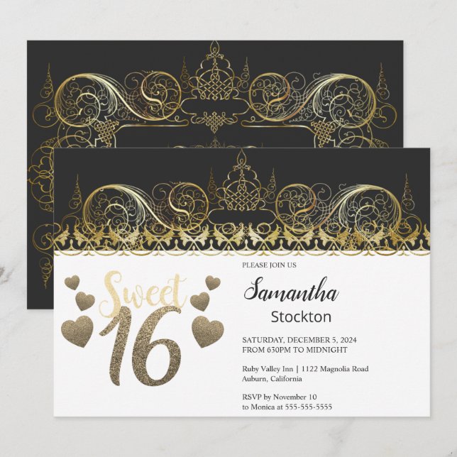 Glamour Gold Sweet 16 Invitación (Anverso / Reverso)