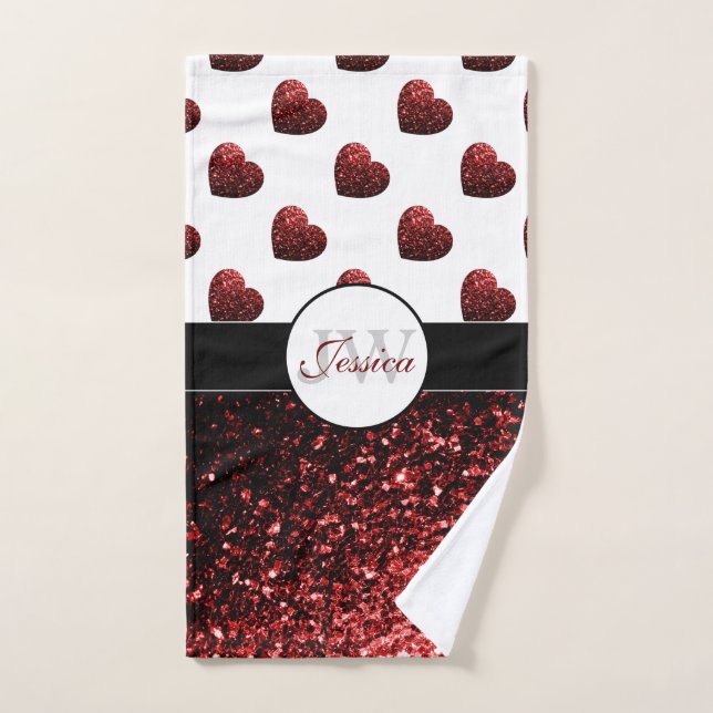 Glamour Rojo Glitter brilla Corazones Monograma (Toalla de mano)
