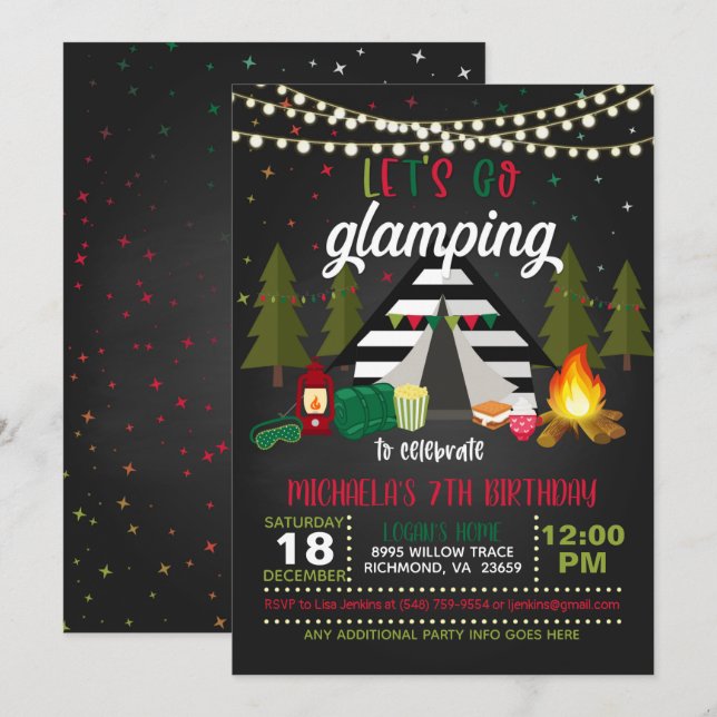 Glamping Cumpleaños Invitación - Navidades (Anverso / Reverso)