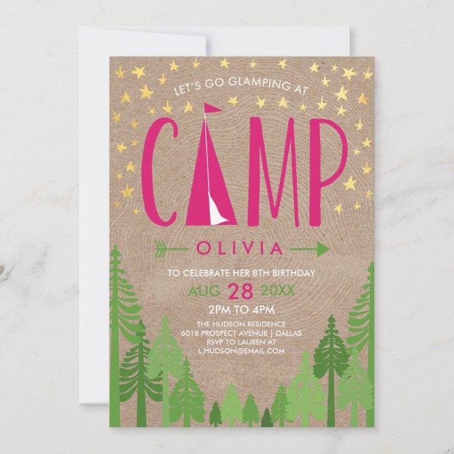 Glamping Cumpleaños Party Invitación (Anverso)