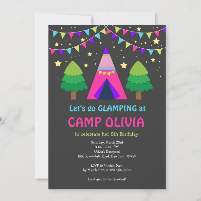 Glamping Invitación de cumpleaños / Glamping Invit (Anverso)