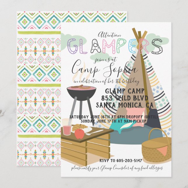 Glamping Tema Invitación de cumpleaños (Anverso / Reverso)