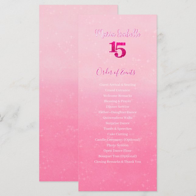 Glitter Rosa Orden de Eventos de Quinceañera (Anverso / Reverso)
