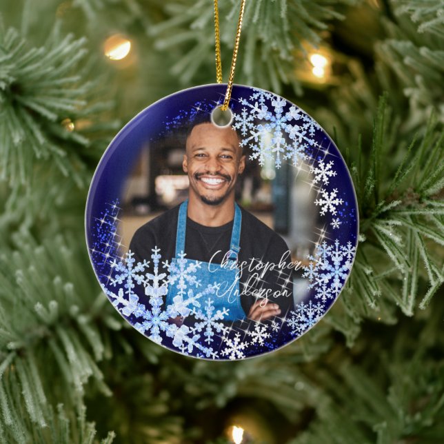 Glittering Snow Flakes Foto Ornamento azul (Árbol)