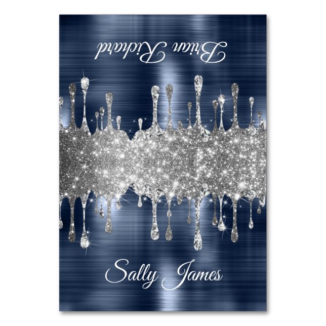 Glittery Navy Silver Drin Dos Tarjetas Name Place (Anverso)