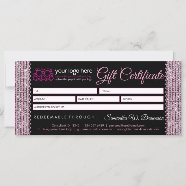 Glitz Jewelry Bling Diamond Gift Certificado (Anverso)