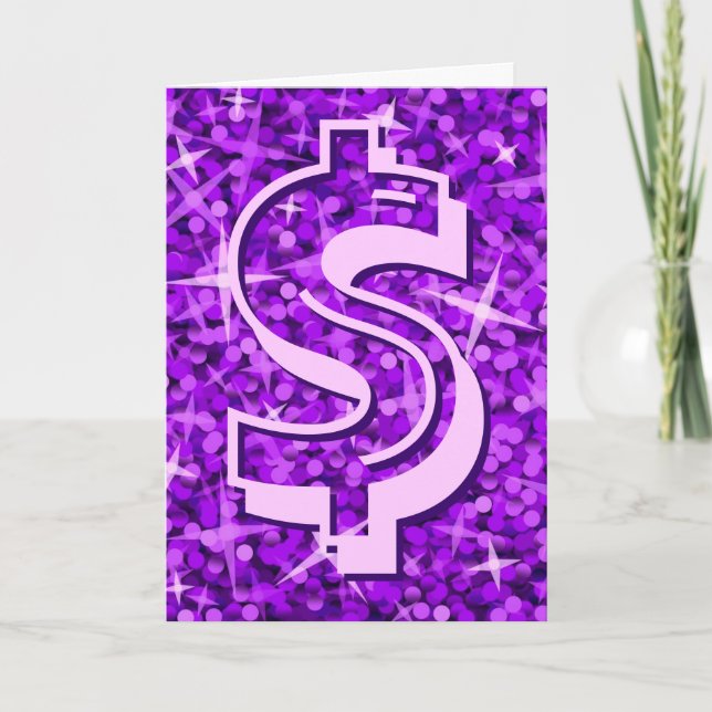 Glitz Púrpura dólar "$" 'Tu texto' tarjeta de salu (Anverso)