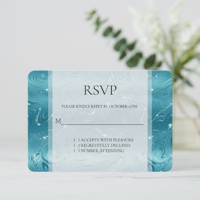 Glitzy Aqua Blue Turquoise Marble Wedding RSVP (Anverso de pie)