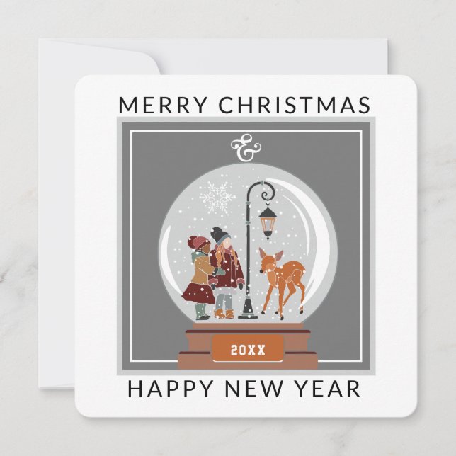 Globe de nieve con personas y ciervos| Tarjeta de  (Anverso)