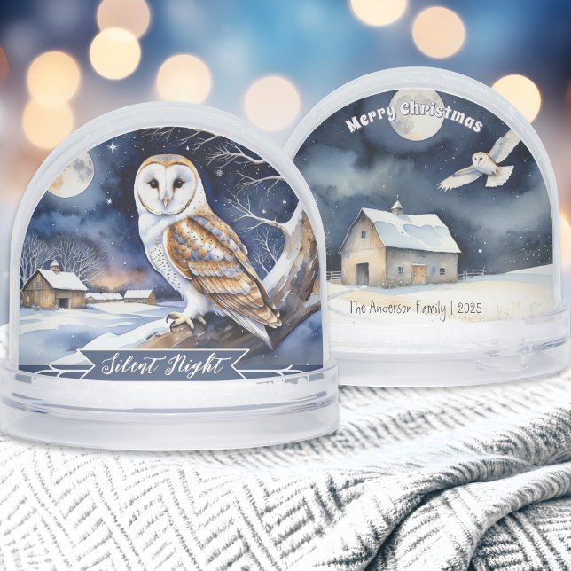 Globe de nieve de la noche silenciosa de la acuare (A Christmas snowglobe with barn owl snow scene illustrations, personalized with a name and year)