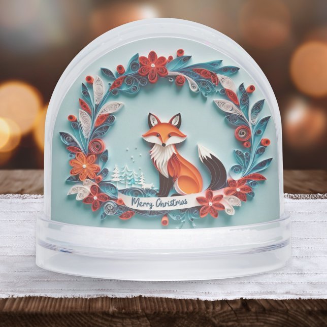 Globe de nieve personalizada de Red Fox Navidades (A Christmas snow globe with red fox and plants design in a papercraft style)