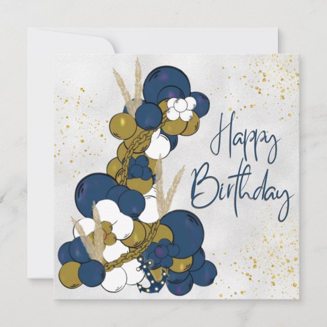 Globo Azul Ancla Feliz Cumpleaños Tarjeta Plana (Anverso)