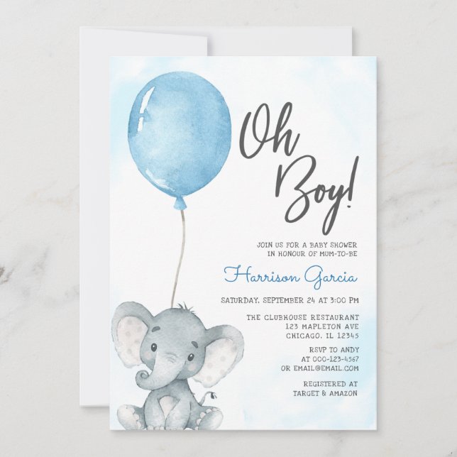 Globo azul Oh Boy Elephant Invitación de Baby Show (Anverso)