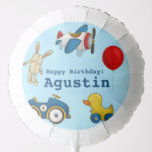 Globo Cute Kids Toyys Happy Birthday<br><div class="desc">Personalizó el globo de la fiesta de cumpleaños de este lindo niño,  con adorables juguetes retro incluyendo un clásico avión blanco azul rojo,  auto de carrera amarillo azul,  globo rojo,  pato amarillo,  conejo de animales rellenos blancos.</div>