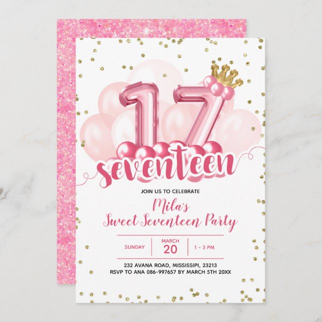 Globo de la Corona Rosa Diecisiete Invitación de c (Anverso / Reverso)