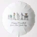 Globo Feliz Hanukkah desde Nueva York, NYC Chanukah<br><div class="desc">El Design presenta un original ilustracion con lápiz y tinta de varios monumentos de la ciudad de Nueva York, incluyendo la Estatua de la Libertad, el Arco de Washington Square y el Puente de Brooklyn, "vestido" para la temporada de fiestas. Ideal para celebrar Hanukkah y las fiestas judías. Este diseño...</div>