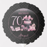 Globo Glam Pink Black Fashion 70th Birthday Party<br><div class="desc">Glamoroso diseño de 70 años inspirado en la costura francesa, rosa y negro, con pasteles de gorra, estilettos rosas y una bolsa de maquillaje entre varios regalos de cumpleaños sin abrir y deliciosos pastelitos. Perfecto para celebrar fiestas de cumpleaños. La edad se crea en un tipo de letra falso purpurina...</div>