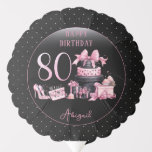 Globo Glam Pink Black Fashion 80th Birthday Party<br><div class="desc">Glamoroso diseño de 80 años inspirado en la costura francesa, rosa y negro, con pasteles de gorra, estilettos rosas y una bolsa de maquillaje entre varios regalos de cumpleaños sin abrir y deliciosos pastelitos. Perfecto para celebrar fiestas de cumpleaños. La edad se crea en un tipo de letra falso purpurina...</div>