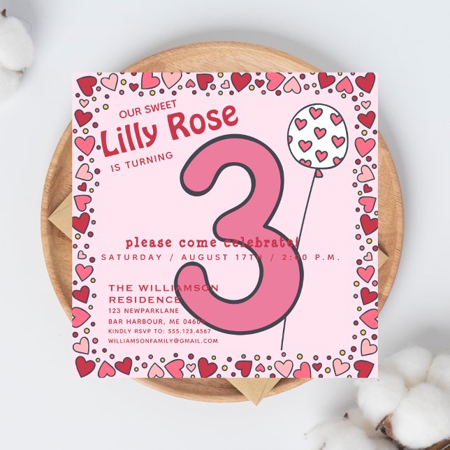 Globo lindo - Niños rosados Invitación de tercer c (Subido por el creador)