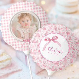 Globo Pink Toile Coquette Bow Primer Chica de cumpleaños