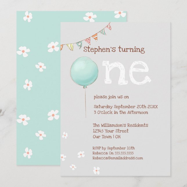Globo y banderas Invitación de primer cumpleaños (Anverso / Reverso)