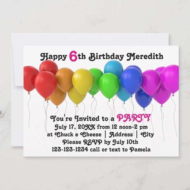 Globos arcoiris Invitación de cumpleaños Rosa (Anverso)