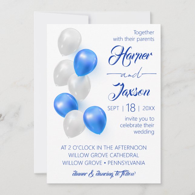 Globos azules. Elegante invitación a la boda. (Anverso)